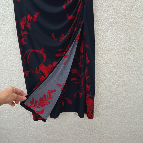 Lauren Ralph Lauren Red Black Floral Print Midi Sheath Dress 2 V-Neck 3/4 Sleeve - Picture 4 of 10